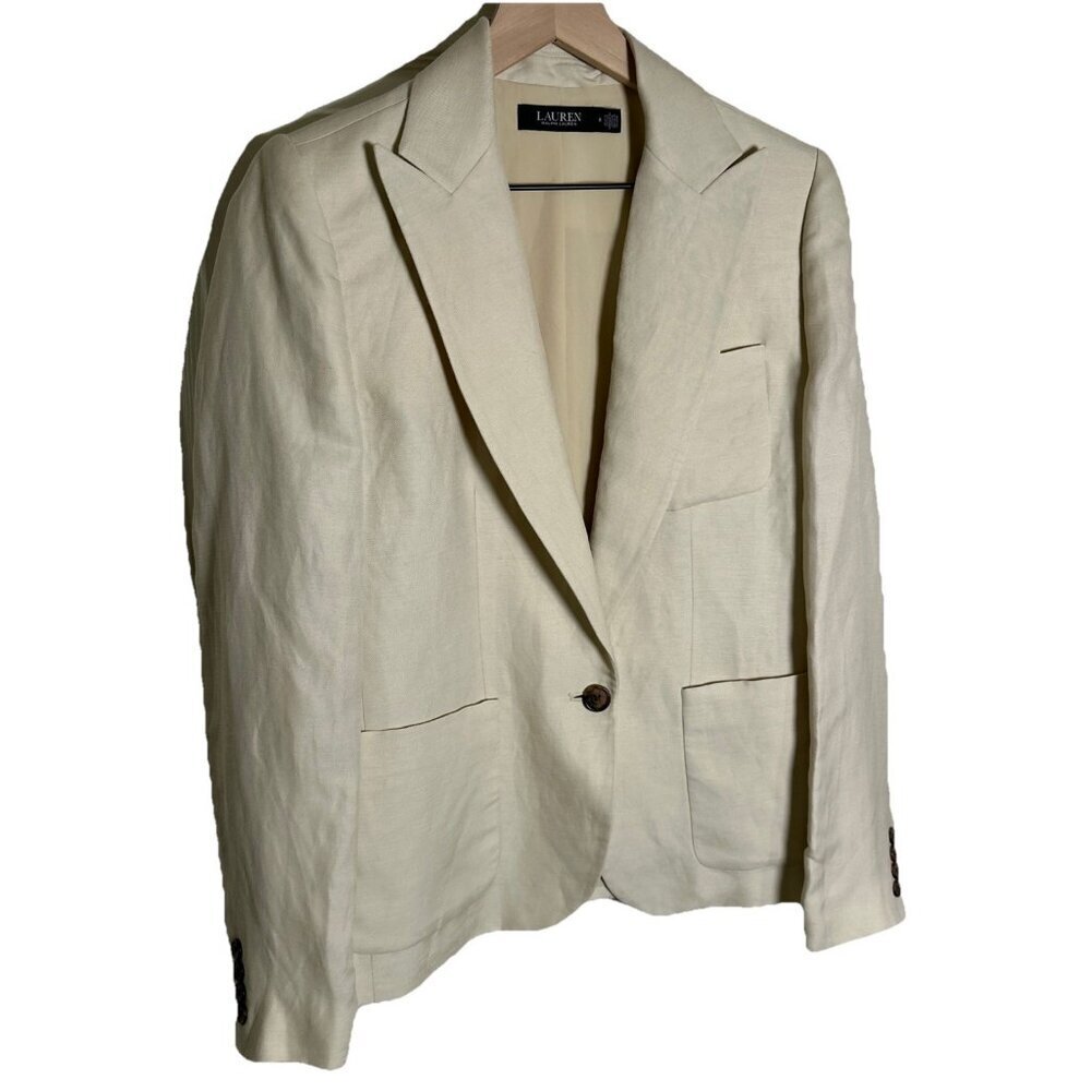 Ralph Lauren Women's Blazer Linen Blend Twill Size 8 Beige Pockets Office Jacket - Picture 3 of 15